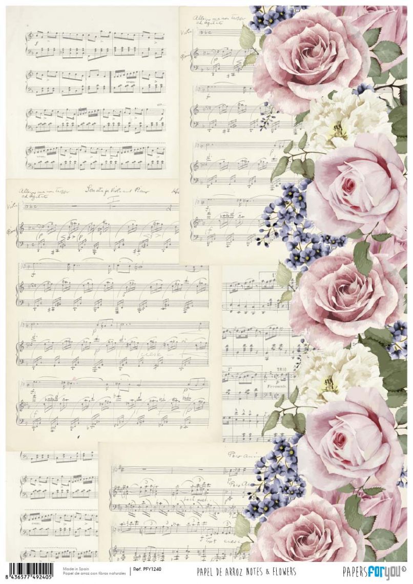  Papel de arroz para Decoupage A4 Floral Decoupage Paper Vintage  (flores azules en escritura vintage y notas musicales - 2 hojas) : Arte y  Manualidades