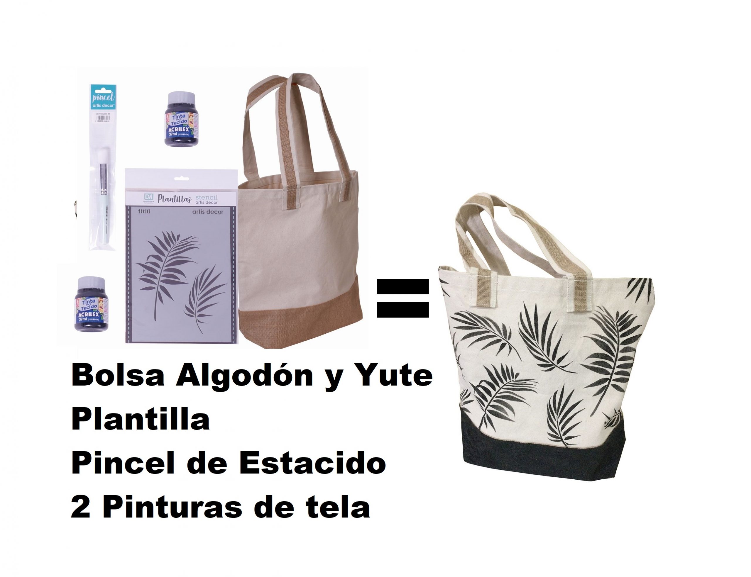 Kit Bolsa de Algodón y Yute, Plantilla, pincel de Estarcido y Pinturas de  tela