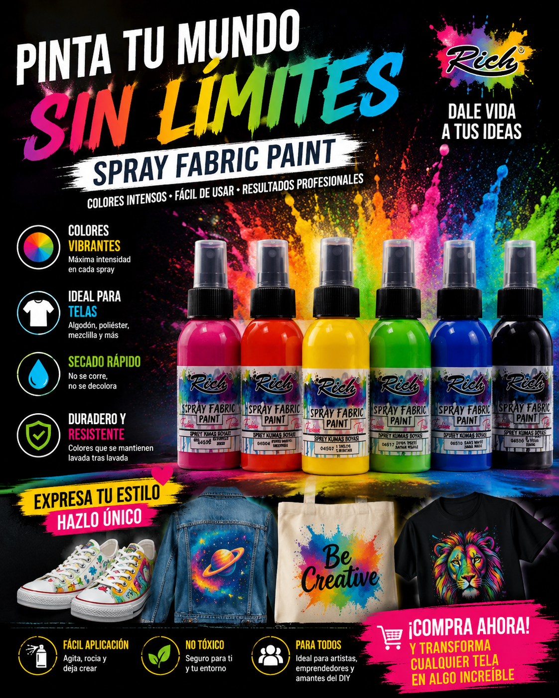 Pintura textil en spray Rich 100 ml para tela y manualidades